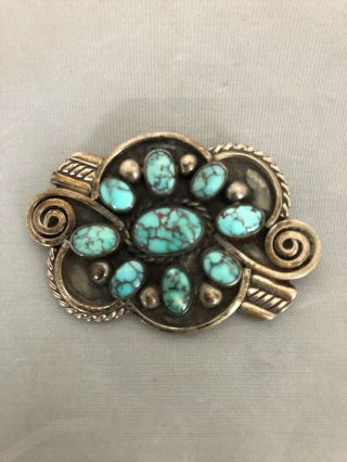 Vintage Navajo Indian Silver & Turquoise Pin Brooch 2” X 1.  5”