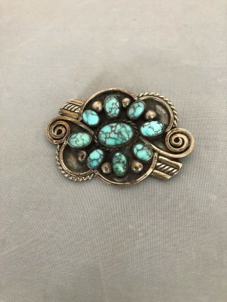 Vintage Navajo Indian Silver & Turquoise Pin Brooch 2” X 1.  5” 3