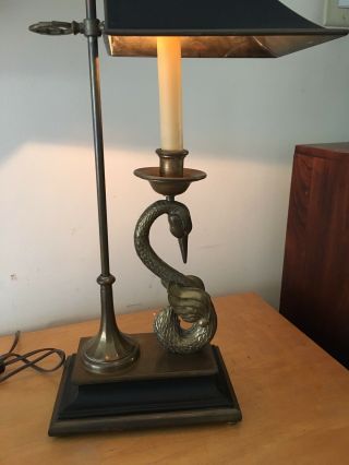 Vtg Chapman Brass Swan Light Lamp Adjustable Tole Shade Desk bouillotte Candle 3
