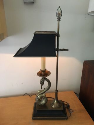Vtg Chapman Brass Swan Light Lamp Adjustable Tole Shade Desk bouillotte Candle 4