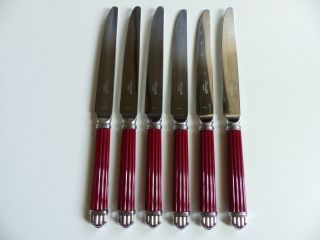 Set Of 6 Christofle Acier " Aria " Stainless Steel Burgundy Dinner Knives