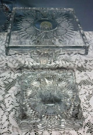 Vtg Square Heavy Clear Cut Glass Cake Pedestal Plate W/ 8 Matching Plates
