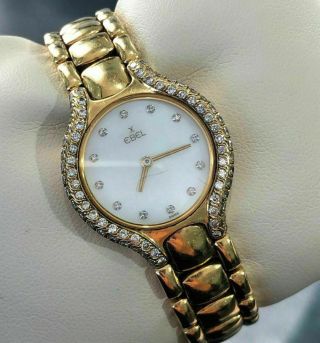 Estate Ebel Beluga Mother Of Pearl & Crystal 18k Yellow Gold Diamond Face Watch