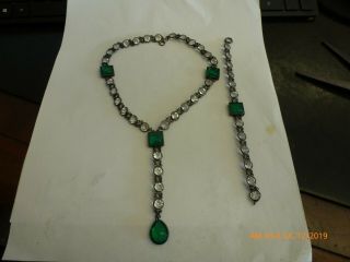 Victorian Sterling Silver Green And Clear Stones Lavalier Necklace & Bracelet