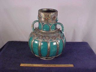 Nickel Overlay Antique Moroccan Pottery Vase