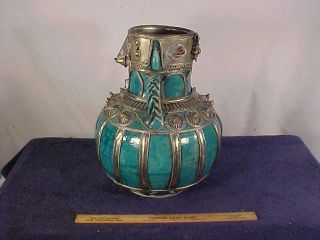 NICKEL Overlay Antique MOROCCAN Pottery VASE 2