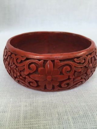 Estate Wide Heavily Carved Cinnabar Vintage Bracelet Flower Design Dark Red