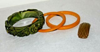 Carved Tiki Bakelite Marble Green & Mustard Yellow Bracelets & Dress Clip