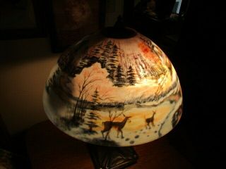 vintage reverse hand painted snow covered & forest scene Lamp Shade 11