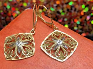 Vintage 14k White & Yellow Gold Earrings Drop Dangle Flower Two Tone Diamond Cut