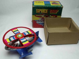 Vintage Wind Up U - Turn Space Ship Metal Toy W Box
