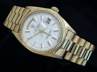 Mens Rolex Day - Date President Solid 18k Yellow Gold Watch White Vintage 1803