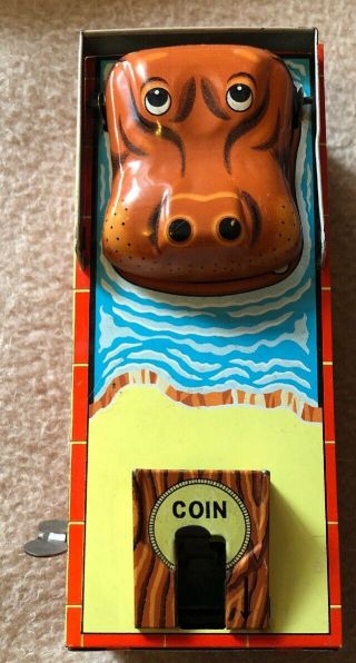 Vintage Hippo Coin Bank Wind - Up Tin Toy Yone Made In Japan Yonezawa
