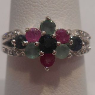 Estate 3.  77cts Sapphire,  Emerald & Ruby 925 Sterling Silver Ring Sz 6.  5