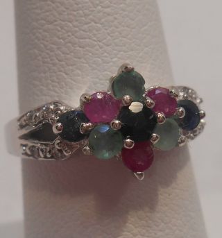 Estate 3.  77cts Sapphire,  Emerald & Ruby 925 Sterling Silver Ring Sz 6.  5 2