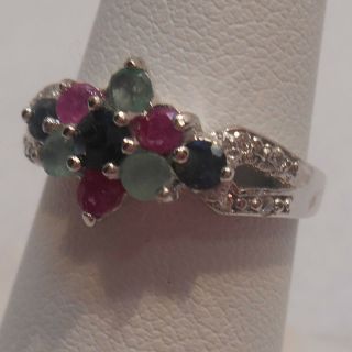 Estate 3.  77cts Sapphire,  Emerald & Ruby 925 Sterling Silver Ring Sz 6.  5 3