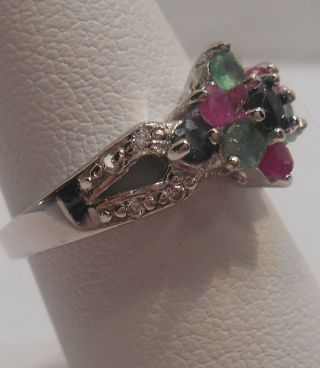 Estate 3.  77cts Sapphire,  Emerald & Ruby 925 Sterling Silver Ring Sz 6.  5 4