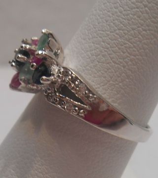 Estate 3.  77cts Sapphire,  Emerald & Ruby 925 Sterling Silver Ring Sz 6.  5 5
