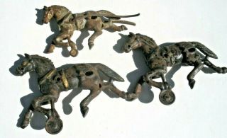 Three Cast Iron Toy Horses For Trolleys Or Fire Trucks 1890 - 1920