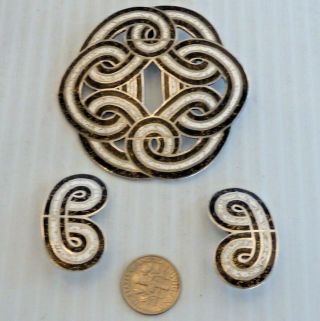 " Margot De Taxco " Large Sterling Knot Pin,  White&black Enamel,  Matching Earrings