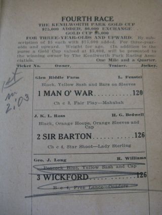 2 Man O ' War 1920 Horse Race Tickets,  Kenilworth Park,  Vintage,  Antique Program 8