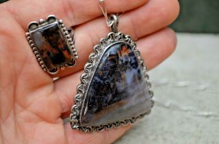 VTG Old Pawn Navajo Native Silver Petrified Wood Ring & Necklace Set Fred Harvey 2