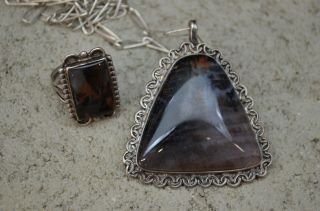 VTG Old Pawn Navajo Native Silver Petrified Wood Ring & Necklace Set Fred Harvey 3