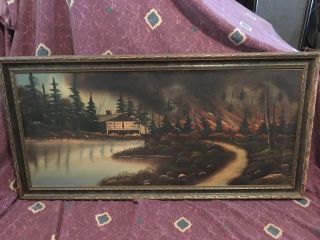 Antique American Oil Painting On Board Of A Forest Fire At Fishing Camp