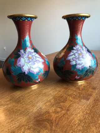 Chinese Cloisonne Vases Early To Mid 20th Century.  Red Enameled W/ Lotus Pattern