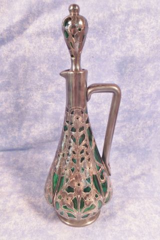 Antique Heavy Sterling Silver Overlay Emerald Green Crystal Lobed Decanter