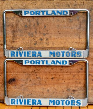 Set Vtg 1950s Metal Dealer License Plate Frames Rivera Motors Portland Oregon Vw