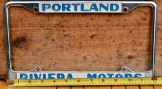 Set VTG 1950s Metal Dealer License Plate Frames RIVERA MOTORS PORTLAND Oregon VW 2