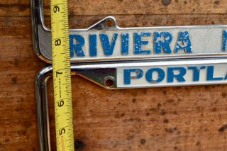 Set VTG 1950s Metal Dealer License Plate Frames RIVERA MOTORS PORTLAND Oregon VW 3