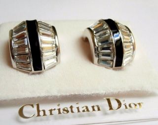 Christian Dior Signed Rhodium Plated Clip On Earrings Set With Crystals