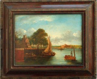 Fine 18th Century Italian School River Landscape Sailboats Antique Oil Painting