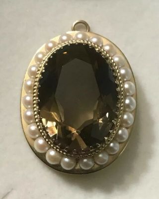 14k Yellow Gold Large Smokey Topaz & Pearl Pendant Or Brooch 15 Grams