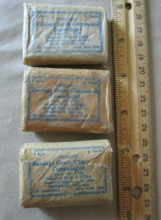 3 Packs 1943 Dated Us Army Gauze Bandage Compressed Camouflaged,  2 " X 6 Yards