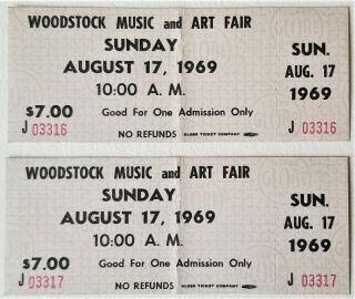 Woodstock 1969 Rare Advance $7 Black Print Sunday Aug 17 Sequential Pair Tickets