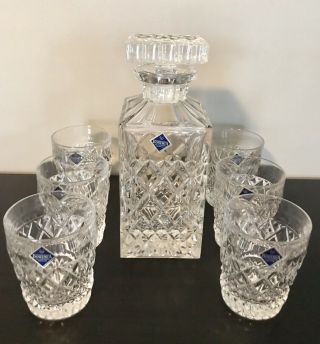 Vintage Czech Bohemia Full Lead Crystal Whiskey Decanter 6 Glass Set