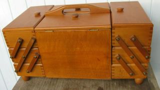 Vintage Fold Out Accordion Style Solid Wood Sewing Box Made In Romania Loaded