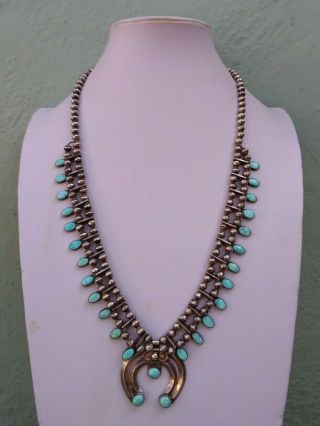 VINTAGE BEAUTY 1930 ' S NAVAJO INDIAN SILVER TURQUOISE SQUASH BLOSSOM NECKLACE 2