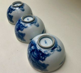 A Set Of 3 Antique Japanese Hand Painted Sometsuke Poreclain Signed Sake Bowls
