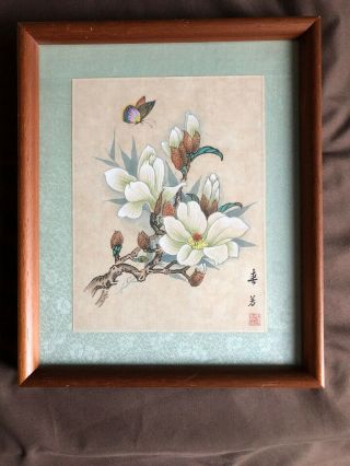 Vintage Chinese Watercolor Painting On Silk White Flowers Butterfly Signed