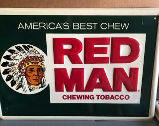 Red Man Chewing Tobacco Tin Sign - Vintage 1960’s Tobacco Advertisement,