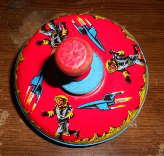 Vintage 5 " Tin Space Scene Spinning Top Has Wear Marks,  A Little Rust