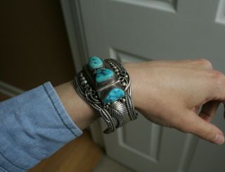 Huge Heavy Vintage Native American Navajo Sterling Turquoise Cuff Bracelet 10