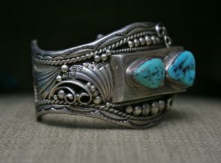 Huge Heavy Vintage Native American Navajo Sterling Turquoise Cuff Bracelet 5