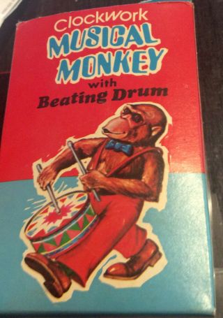 Rare Vintage Clockwork Musical Monkey Beating Drum Wind Up Toy