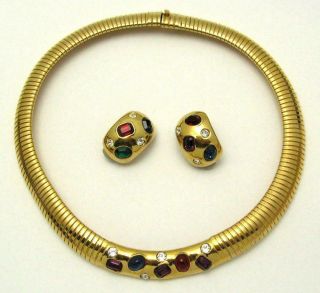 Ciner Set Omega Collar Necklace Earrings Rhinestones 18k Gold Plated Pristine