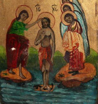 Vintage hand painted tempera/wood icon Baptism of Jesus Christ 8